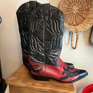 Flings Sundance Vintage Western Boots Red Black Lizard Print Leather Brazil 7.5